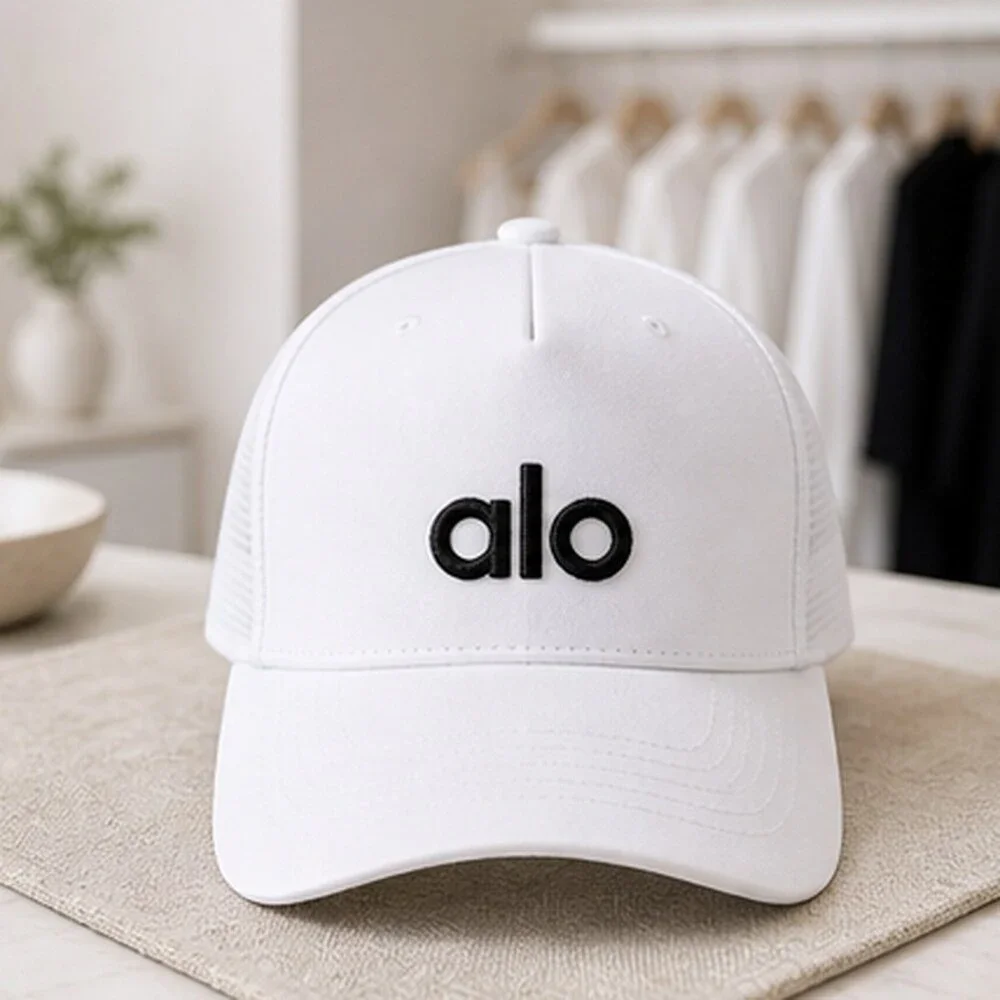 ALO Yoga White Black Athleisure Mesh Trucker Cap Hat Logo
